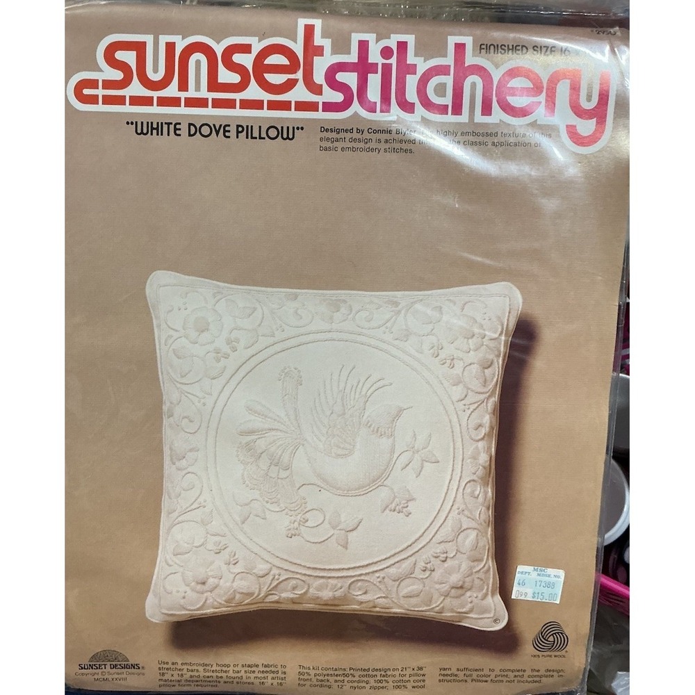 Sunset Stitchery 2950 White Dove‎ Pillow Kit Connie Blyler Crewel Embroidery NOS